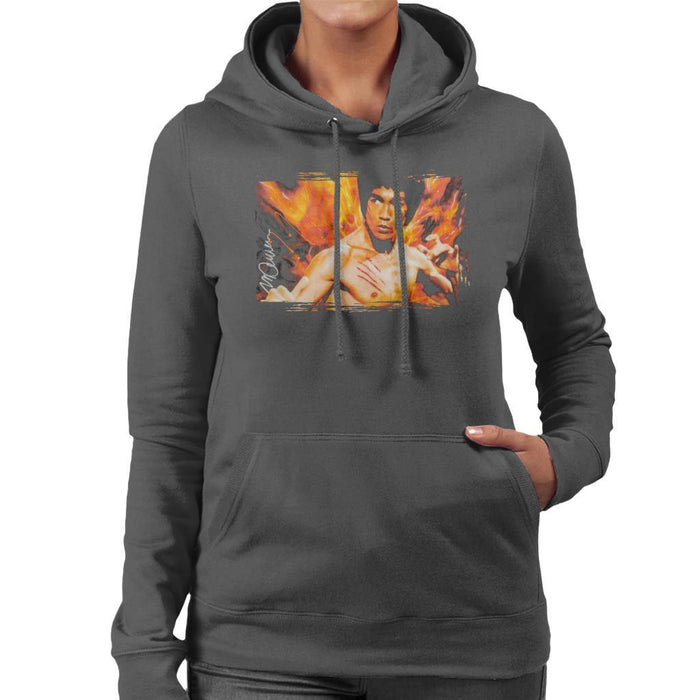 Sidney Maurer Original Portrait Of Bruce Lee Flames Enter The Dragon Womens Hooded Sweatshirt - Womens Hooded Sweatshirt