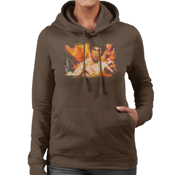 Sidney Maurer Original Portrait Of Bruce Lee Flames Enter The Dragon Womens Hooded Sweatshirt - Womens Hooded Sweatshirt