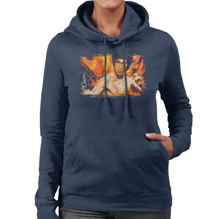 Sidney Maurer Original Portrait Of Bruce Lee Flames Enter The Dragon Womens Hooded Sweatshirt - Womens Hooded Sweatshirt