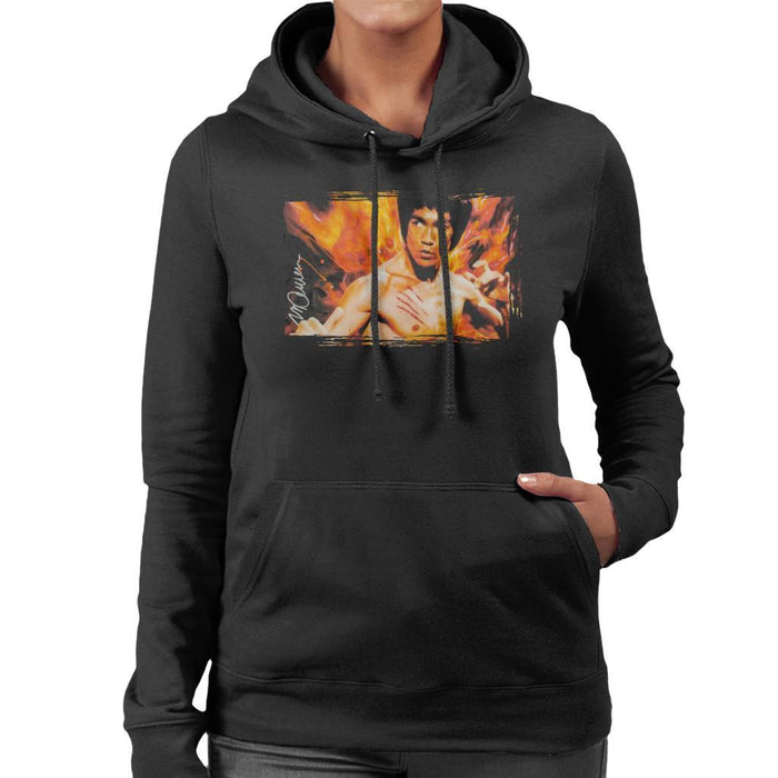 Sidney Maurer Original Portrait Of Bruce Lee Flames Enter The Dragon Womens Hooded Sweatshirt - Womens Hooded Sweatshirt