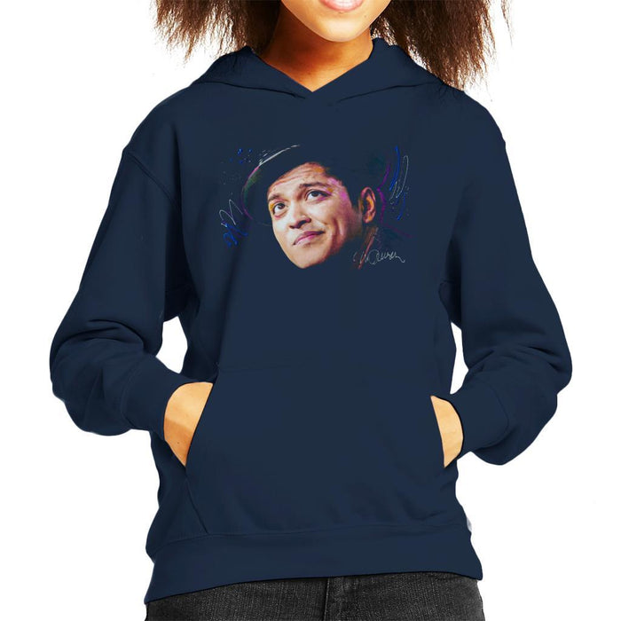 Sidney Maurer Original Portrait Of Bruno Mars Hat Kids Hooded Sweatshirt - X-Small (3-4 yrs) / Navy Blue - Kids Boys Hooded Sweatshirt