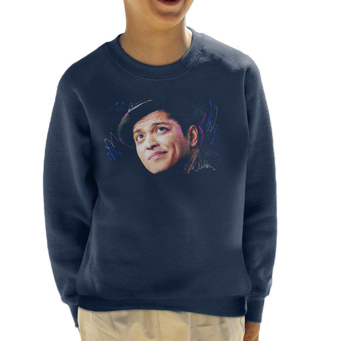Sidney Maurer Original Portrait Of Bruno Mars Hat Kids Sweatshirt - X-Small (3-4 yrs) / Navy Blue - Kids Boys Sweatshirt