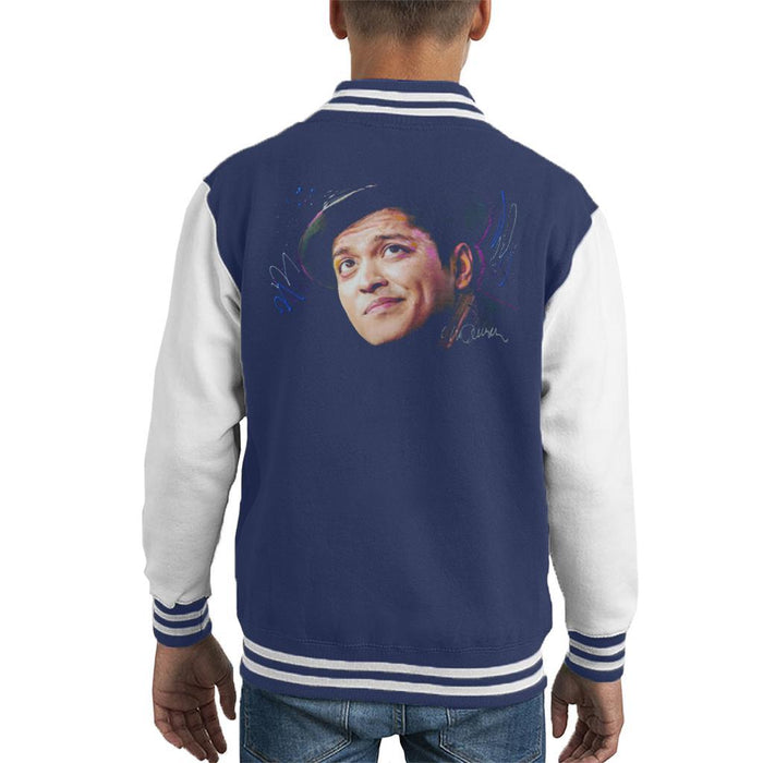 Sidney Maurer Original Portrait Of Bruno Mars Hat Kids Varsity Jacket - X-Small (3-4 yrs) / Navy/White - Kids Boys Varsity Jacket