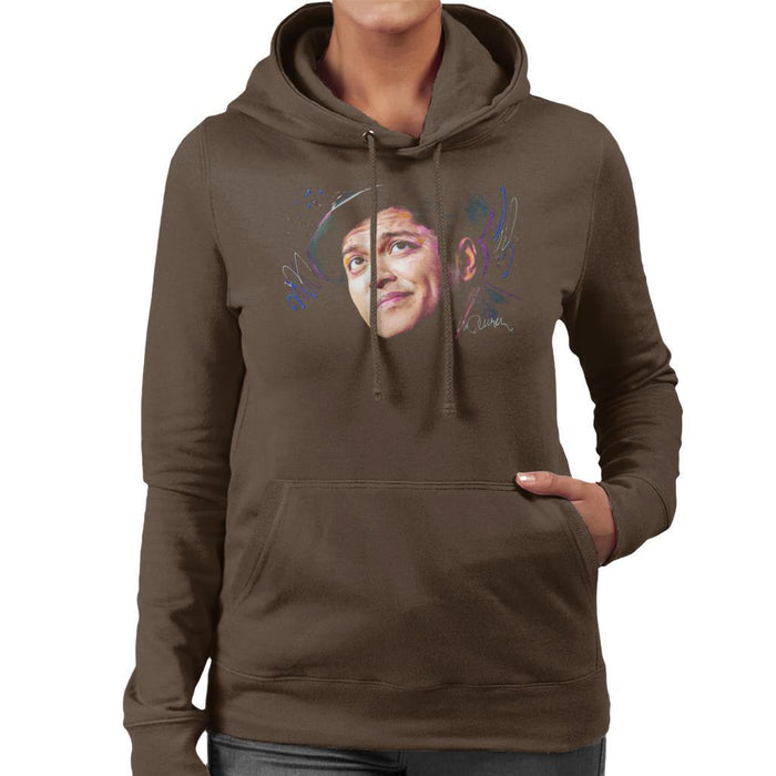 Sidney Maurer Original Portrait Of Bruno Mars Hat Womens Hooded Sweatshirt - Small / Chocolate - Womens Hooded Sweatshirt