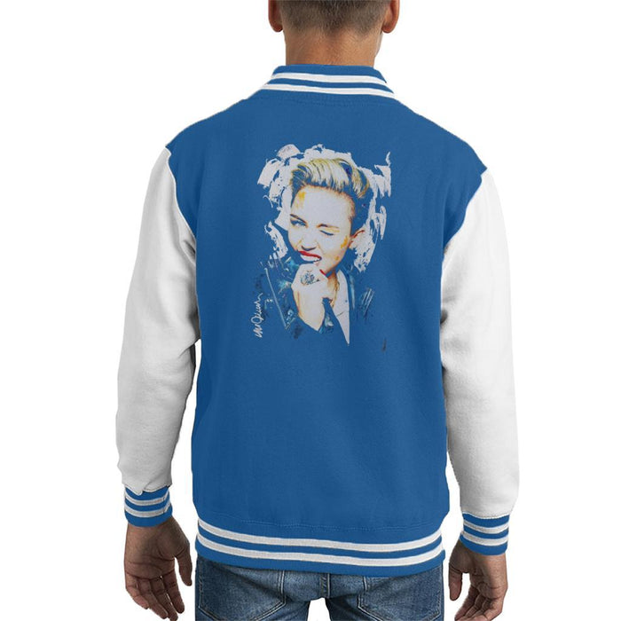Sidney Maurer Original Portrait Of Miley Cyrus Biting Collar Kids Varsity Jacket - X-Small (3-4 yrs) / Royal/White - Kids Boys Varsity