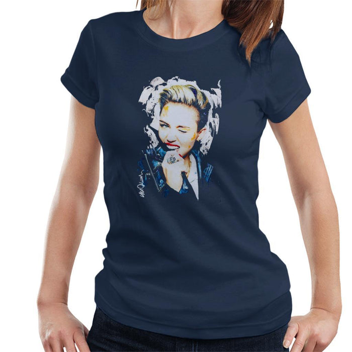 Sidney Maurer Original Portrait Of Miley Cyrus Biting Collar Womens T-Shirt - Womens T-Shirt