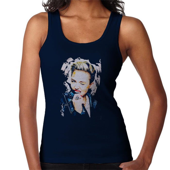 Sidney Maurer Original Portrait Of Miley Cyrus Biting Collar Womens Vest - Small / Navy Blue - Womens Vest