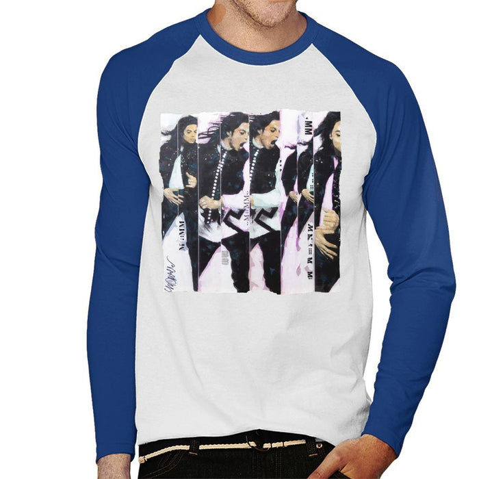 Sidney Maurer Original Portrait Of Michael Jackson 90s Mens Baseball Long Sleeved T-Shirt - Small / White/Royal - Mens Baseball Long Sleeved