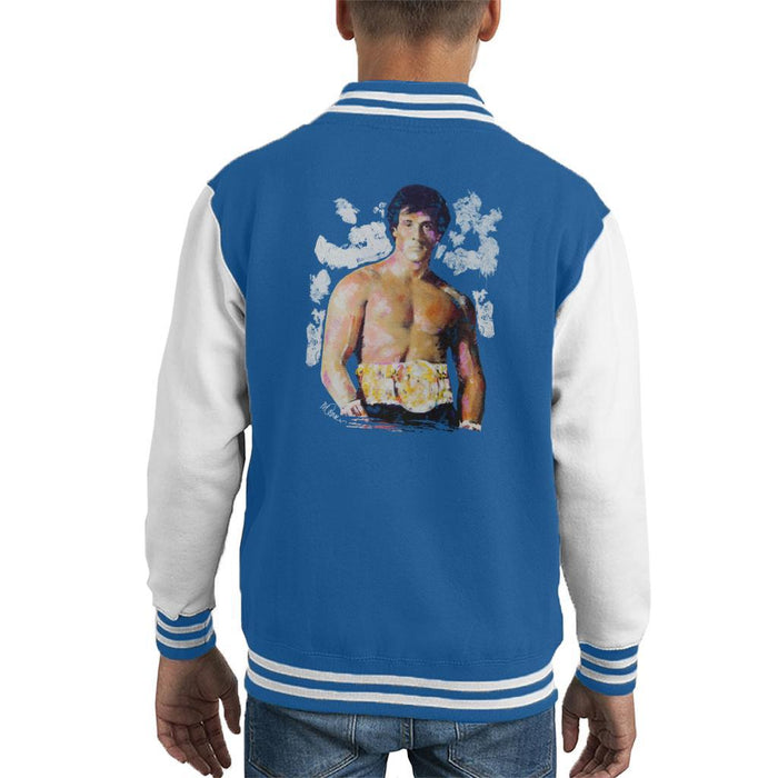 Sidney Maurer Original Portrait Of Sylvester Stallone Belt Kids Varsity Jacket - X-Small (3-4 yrs) / Royal/White - Kids Boys Varsity Jacket