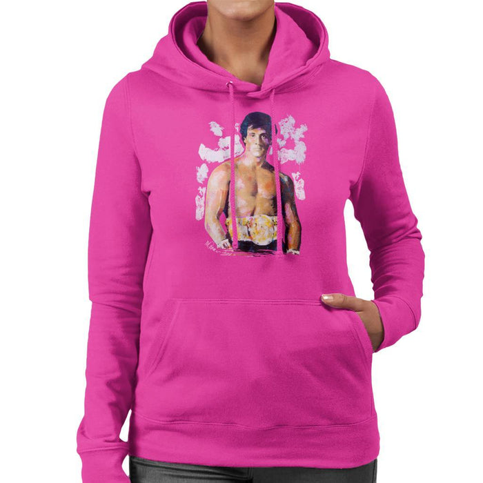 Sidney Maurer Original Portrait Of Sylvester Stallone Belt Womens Hooded Sweatshirt - Small / Hot Pink - Womens Hooded Sweatshirt