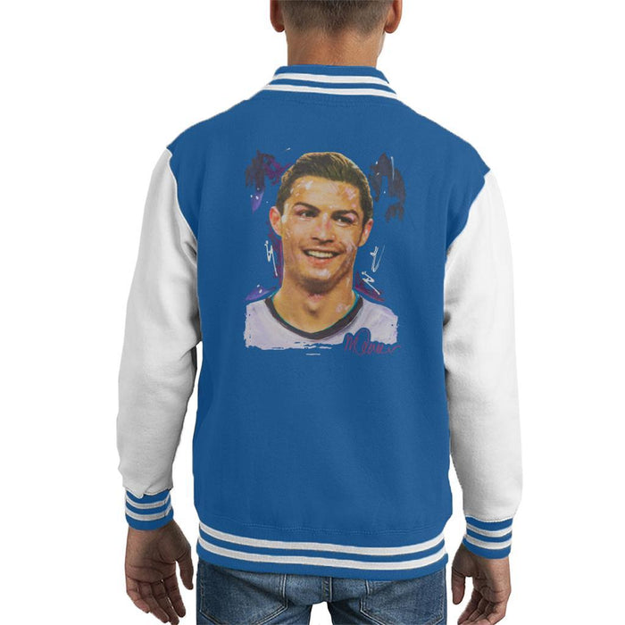 Sidney Maurer Original Portrait Of Cristiano Ronaldo Closeup Kids Varsity Jacket - X-Small (3-4 yrs) / Royal/White - Kids Boys Varsity