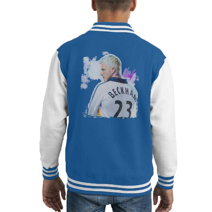 Sidney Maurer Original Portrait Of David Beckham Real Madrid Kit Kids Varsity Jacket - X-Small (3-4 yrs) / Royal/White - Kids Boys Varsity