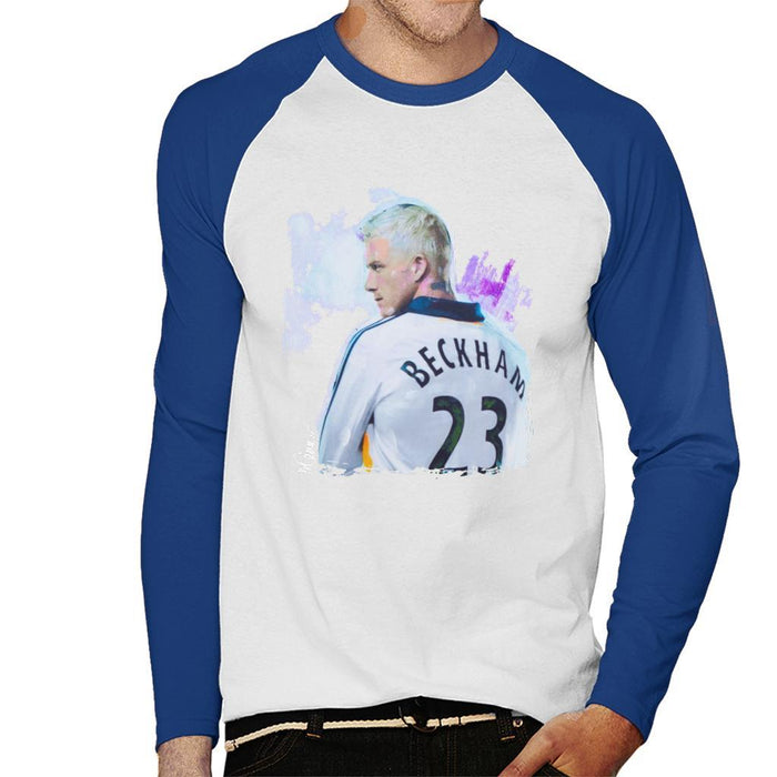 Sidney Maurer Original Portrait Of David Beckham Real Madrid Kit Mens Baseball Long Sleeved T-Shirt - Small / White/Royal - Mens Baseball
