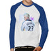 Sidney Maurer Original Portrait Of David Beckham Real Madrid Kit Mens Baseball Long Sleeved T-Shirt - Small / White/Royal - Mens Baseball