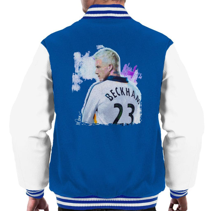 Sidney Maurer Original Portrait Of David Beckham Real Madrid Kit Mens Varsity Jacket - Small / Royal/White - Mens Varsity Jacket