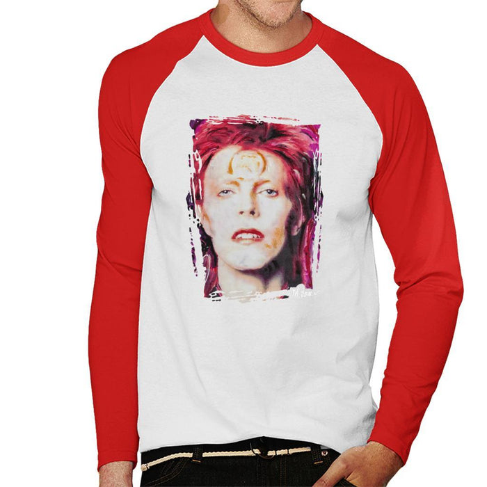 Sidney Maurer Original Portrait Of David Bowie Red Hair Mens Baseball Long Sleeved T-Shirt - Small / White/Red - Mens Baseball Long Sleeved