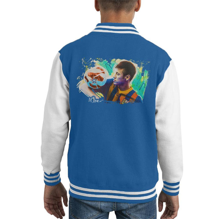 Sidney Maurer Original Portrait Of Neymar Barcelona Kids Varsity Jacket - X-Small (3-4 yrs) / Royal/White - Kids Boys Varsity Jacket