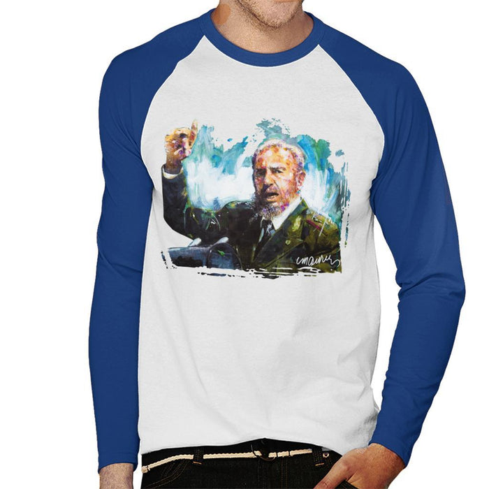 Sidney Maurer Original Portrait Of Fidel Castro Mens Baseball Long Sleeved T-Shirt - Small / White/Royal - Mens Baseball Long Sleeved