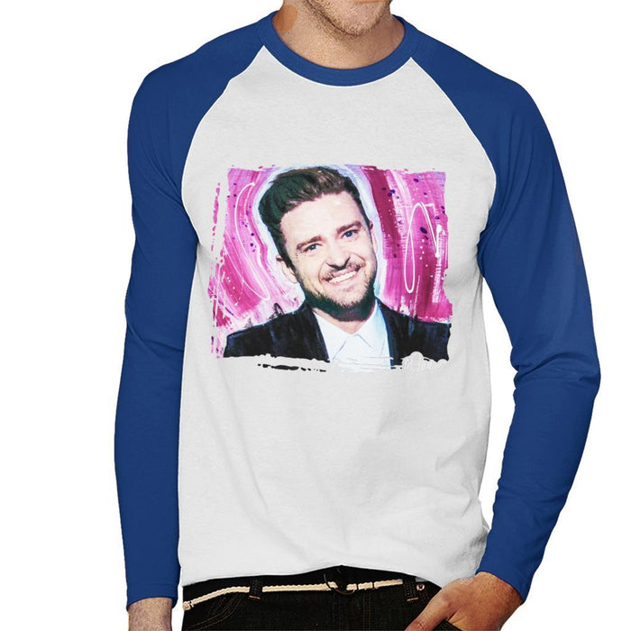 Sidney Maurer Original Portrait Of Justin Timberlake Smile Mens Baseball Long Sleeved T-Shirt - Mens Baseball Long Sleeved T-Shirt