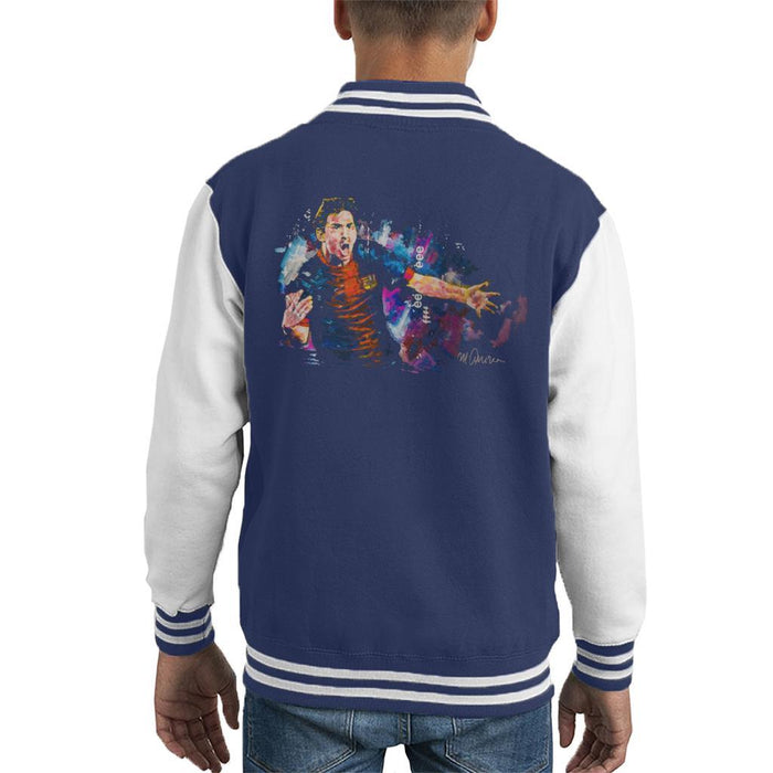 Sidney Maurer Original Portrait Of Lionel Messi FCB Badge Kids Varsity Jacket - X-Small (3-4 yrs) / Navy/White - Kids Boys Varsity Jacket