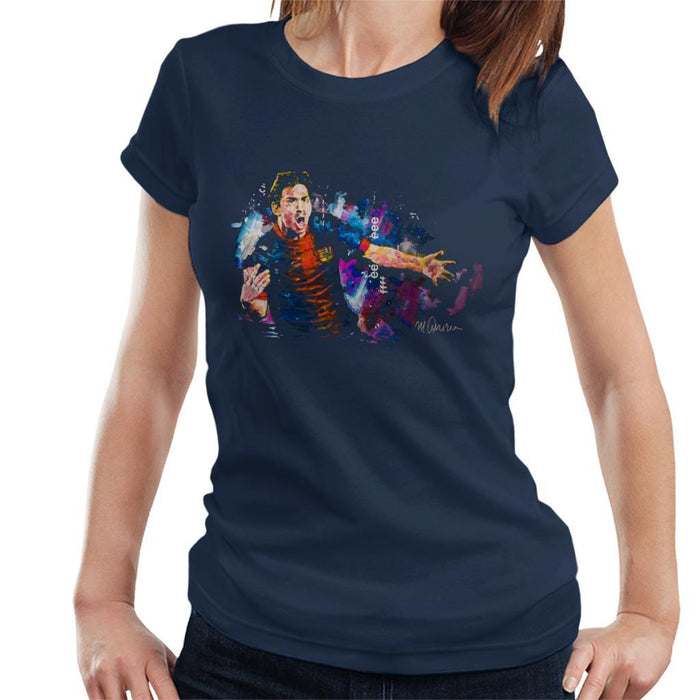 Sidney Maurer Original Portrait Of Lionel Messi FCB Badge Womens T-Shirt - Small / Navy Blue - Womens T-Shirt