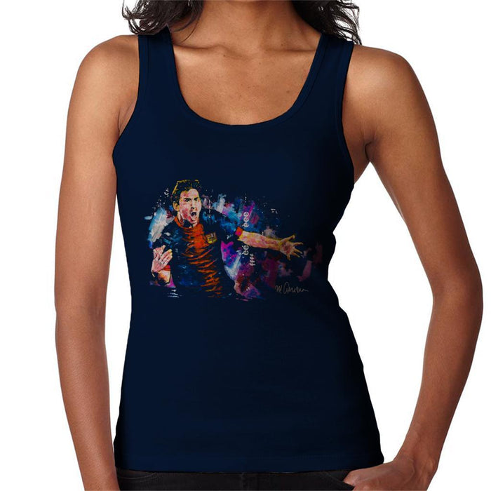 Sidney Maurer Original Portrait Of Lionel Messi FCB Badge Womens Vest - Small / Navy Blue - Womens Vest