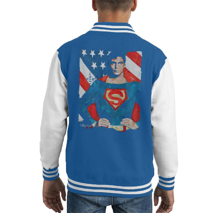 Sidney Maurer Original Portrait Of Superman Christopher Reeve Kids Varsity Jacket - X-Small (3-4 yrs) / Royal/White - Kids Boys Varsity