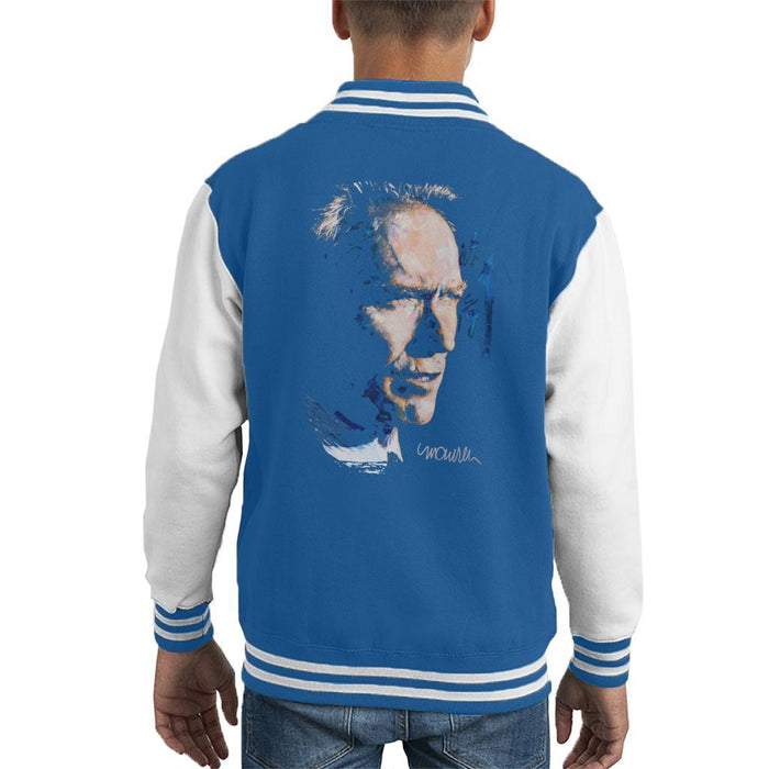 Sidney Maurer Original Portrait Of Clint Eastwood Kids Varsity Jacket - X-Small (3-4 yrs) / Royal/White - Kids Boys Varsity Jacket