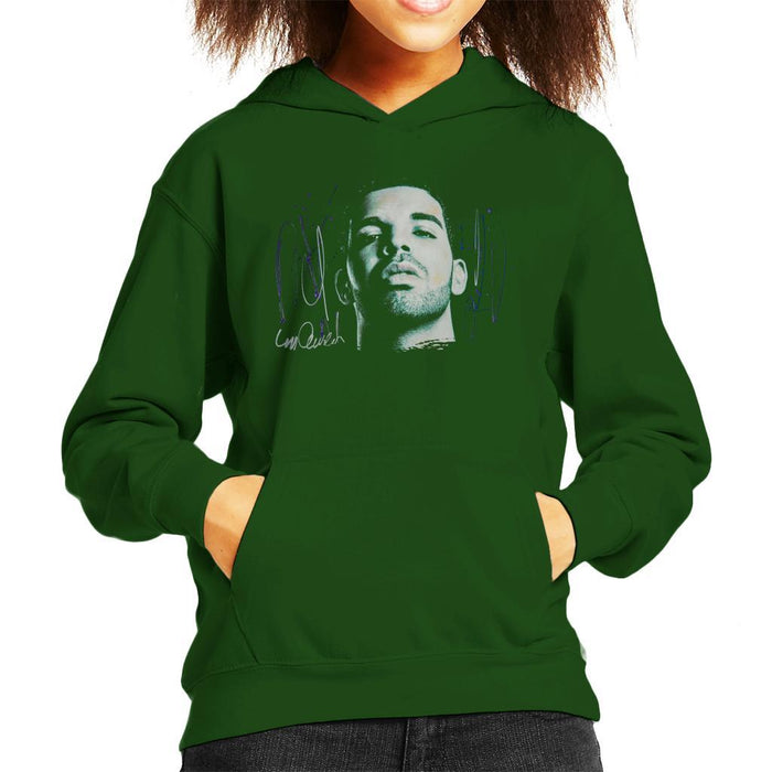 Sidney Maurer Original Portrait Of Drake OVOXO Kids Hooded Sweatshirt - X-Small (3-4 yrs) / Bottle Green - Kids Boys Hooded Sweatshirt