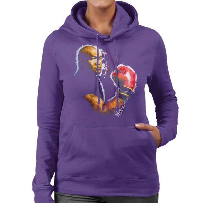 Sidney Maurer Original Portrait Of George Foreman Womens Hooded Sweatshirt - Small / Purple - Womens Hooded Sweatshirt