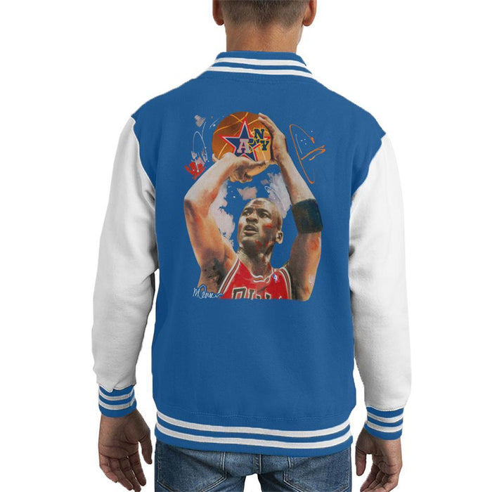 Sidney Maurer Original Portrait Of Michael Jordan Bulls Red Jersey Kids Varsity Jacket - X-Small (3-4 yrs) / Royal/White - Kids Boys Varsity