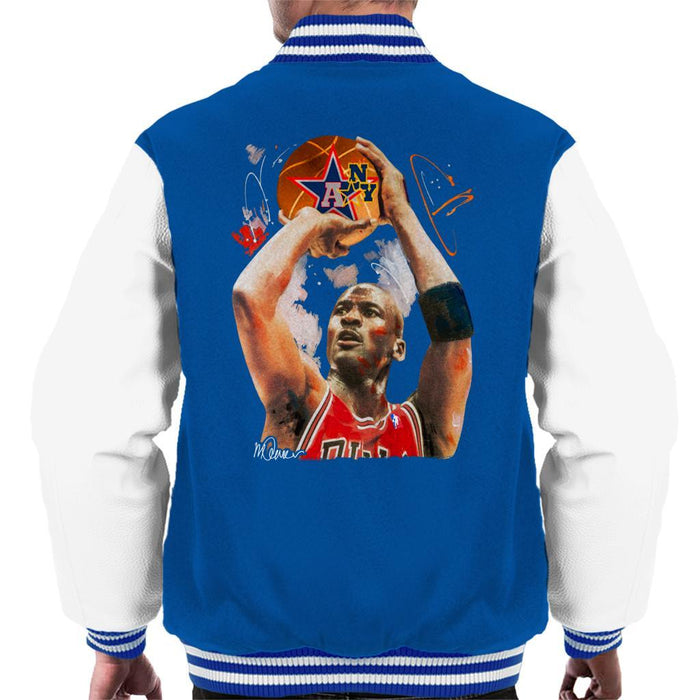 Sidney Maurer Original Portrait Of Michael Jordan Bulls Red Jersey Mens Varsity Jacket - Small / Royal/White - Mens Varsity Jacket