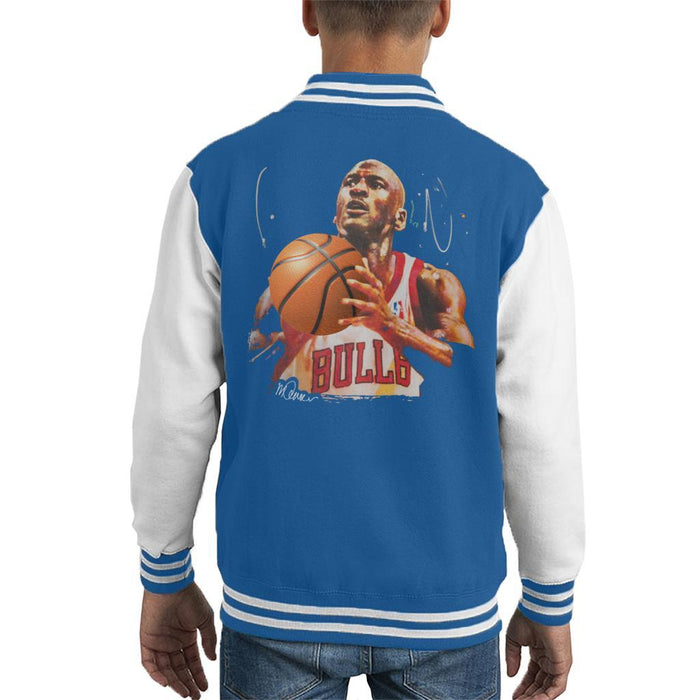 Sidney Maurer Original Portrait Of Michael Jordan Bulls White Jersey Kids Varsity Jacket - X-Small (3-4 yrs) / Royal/White - Kids Boys
