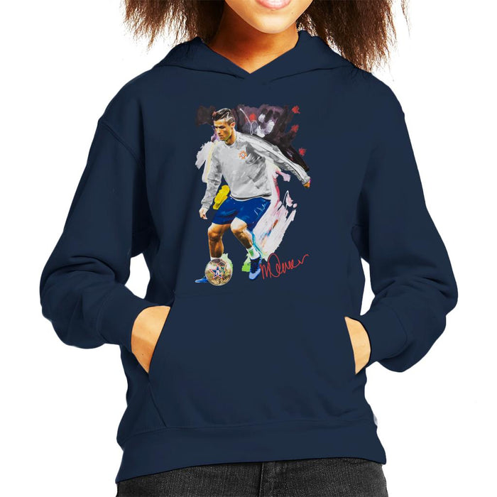 Sidney Maurer Original Portrait Of Cristiano Ronaldo Dribbling A Football Kid's Hooded Sweatshirt
