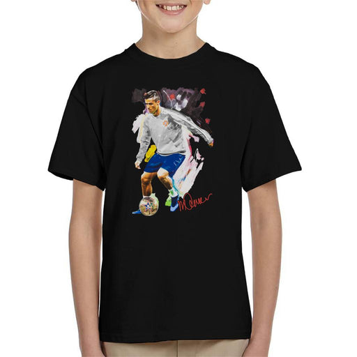 Sidney Maurer Original Portrait Of Cristiano Ronaldo Dribbling A Football Kid's T-Shirt