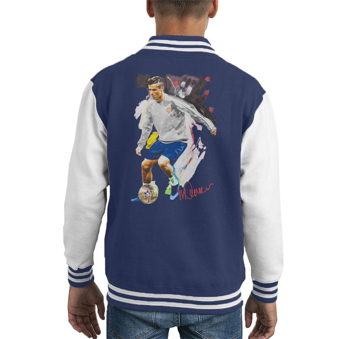 Sidney Maurer Original Portrait Of Cristiano Ronaldo Dribbling A Football Kid's Varsity Jacket