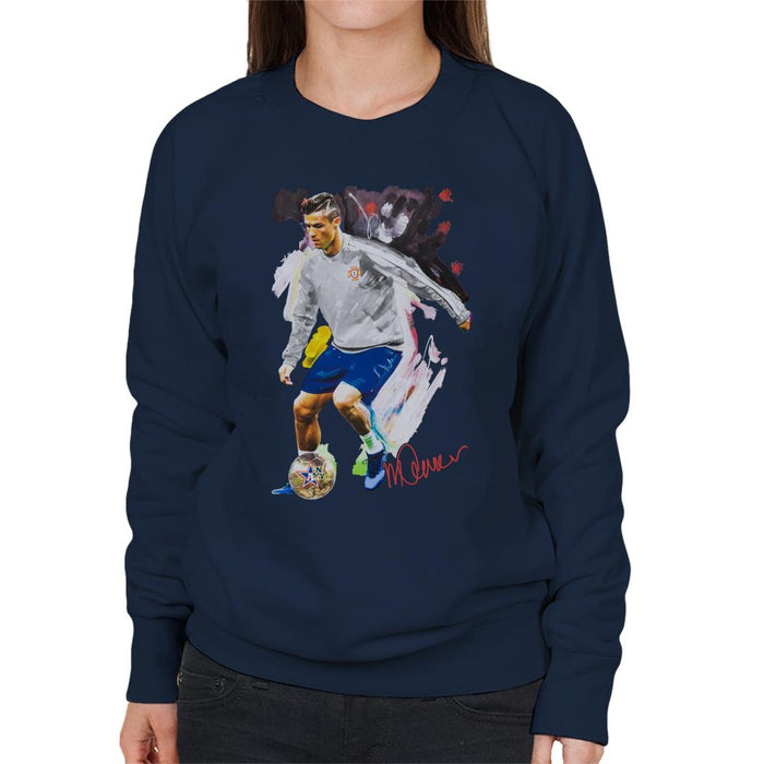 Sidney Maurer Original Portrait Of Cristiano Ronaldo Dribbling A Football Women's Sweatshirt