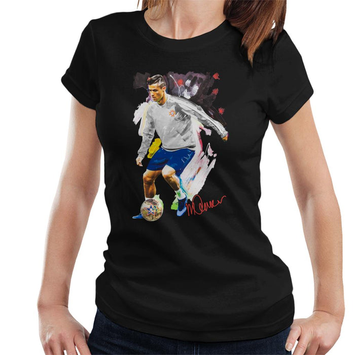 Sidney Maurer Original Portrait Of Cristiano Ronaldo Dribbling A Football Women's T-Shirt